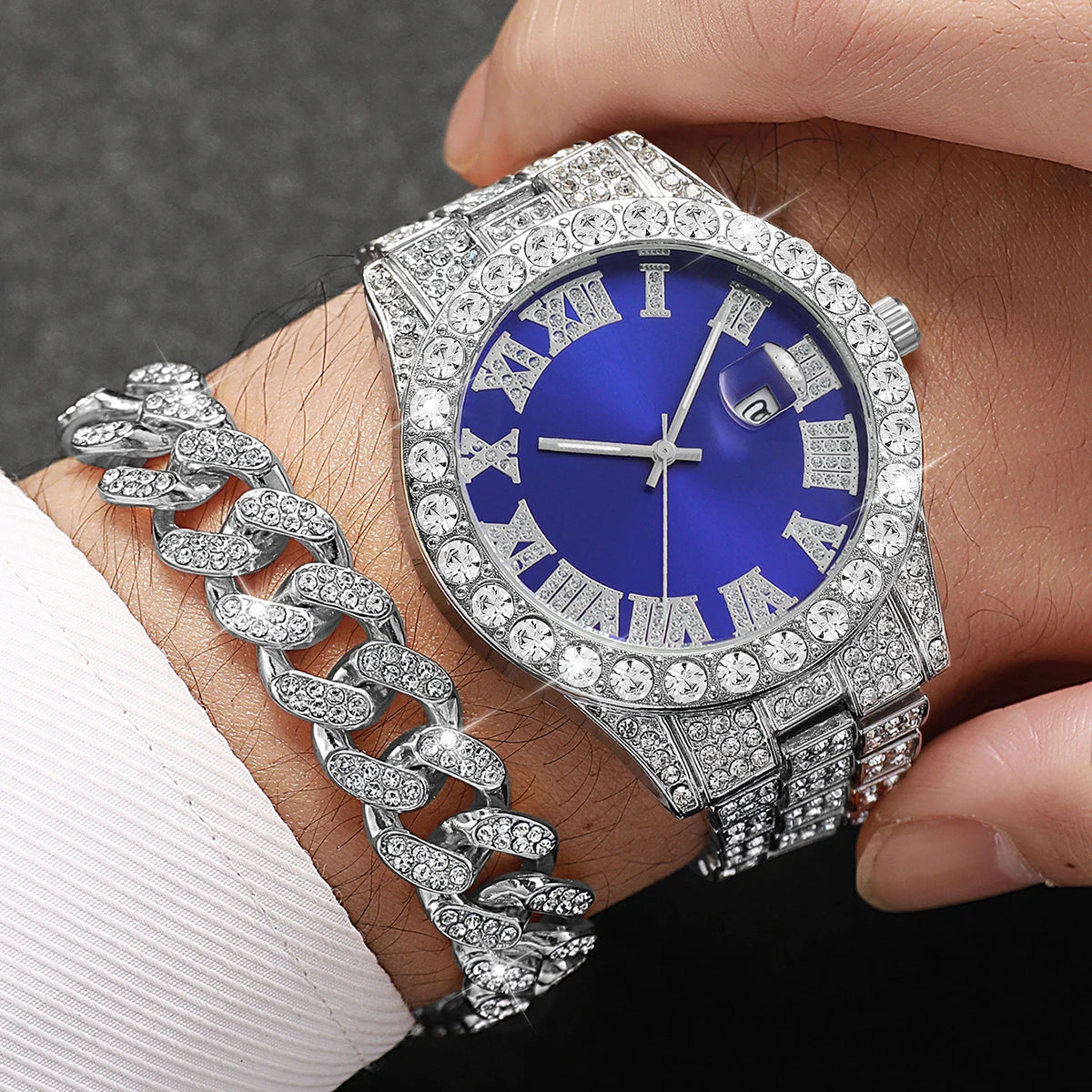 Men Iced Watch Set Red Crystal Cross Necklace Diamond Cuban Bracelet Qme