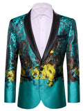 Men's Teal Floral Jacquard Shawl Lapel Blazer Luxury Tuxedo Jacket Formal Suit Coat for Wedding Prom Party Nightclub Outerwear Qme XX-0041 S