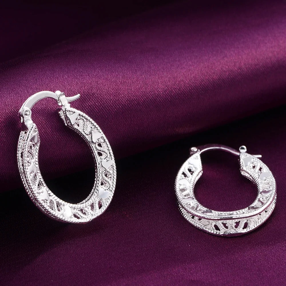 1Pair 925 Sterling Silver Earrings for Women Jewelry Exquisite Round Carved Wedding Heart Christmas Gifts Party Qme