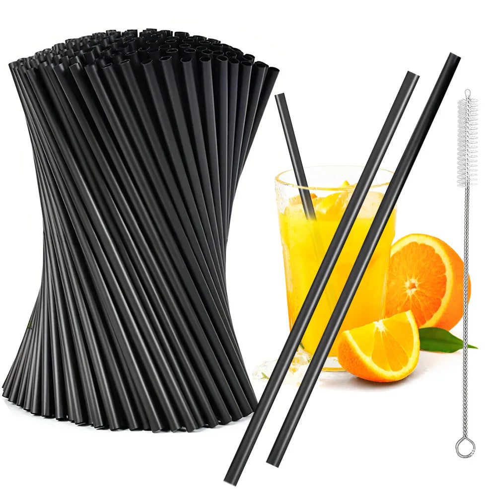 100Pcs Black Drinking Straws with Straw Brush Flexible Plastic Straw Reusable Milkshake Straws for Home Kitchen Qme