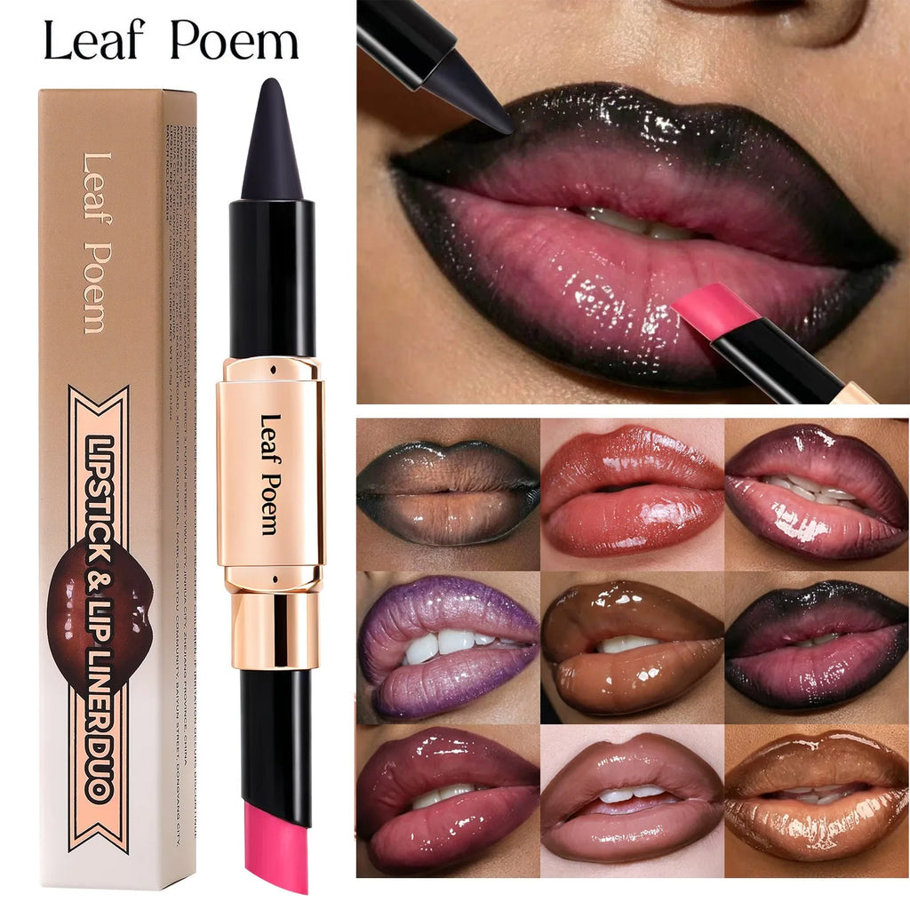 2-in-1 Ultra Fine Lip Liner Velvet Matte Dark Purple Mirror Lipstick Waterproof Non Sticky Contouring Tint Outline Lip Makeup Qme