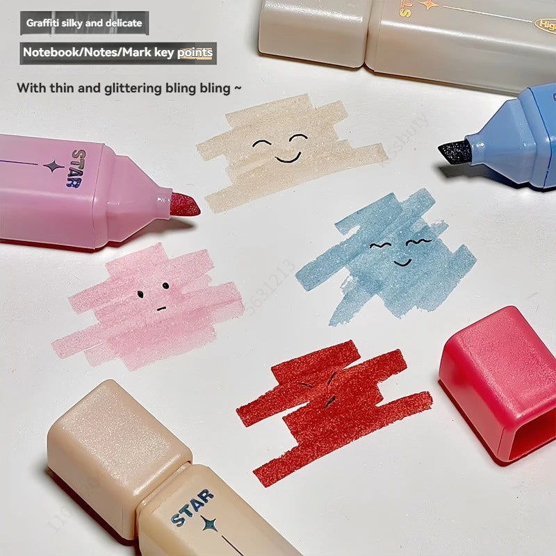 6 Pack Glitter Highlighters,Assorted Colors, Chisel Tip Aesthetic Highlighters, Ins Cute Markers Qme