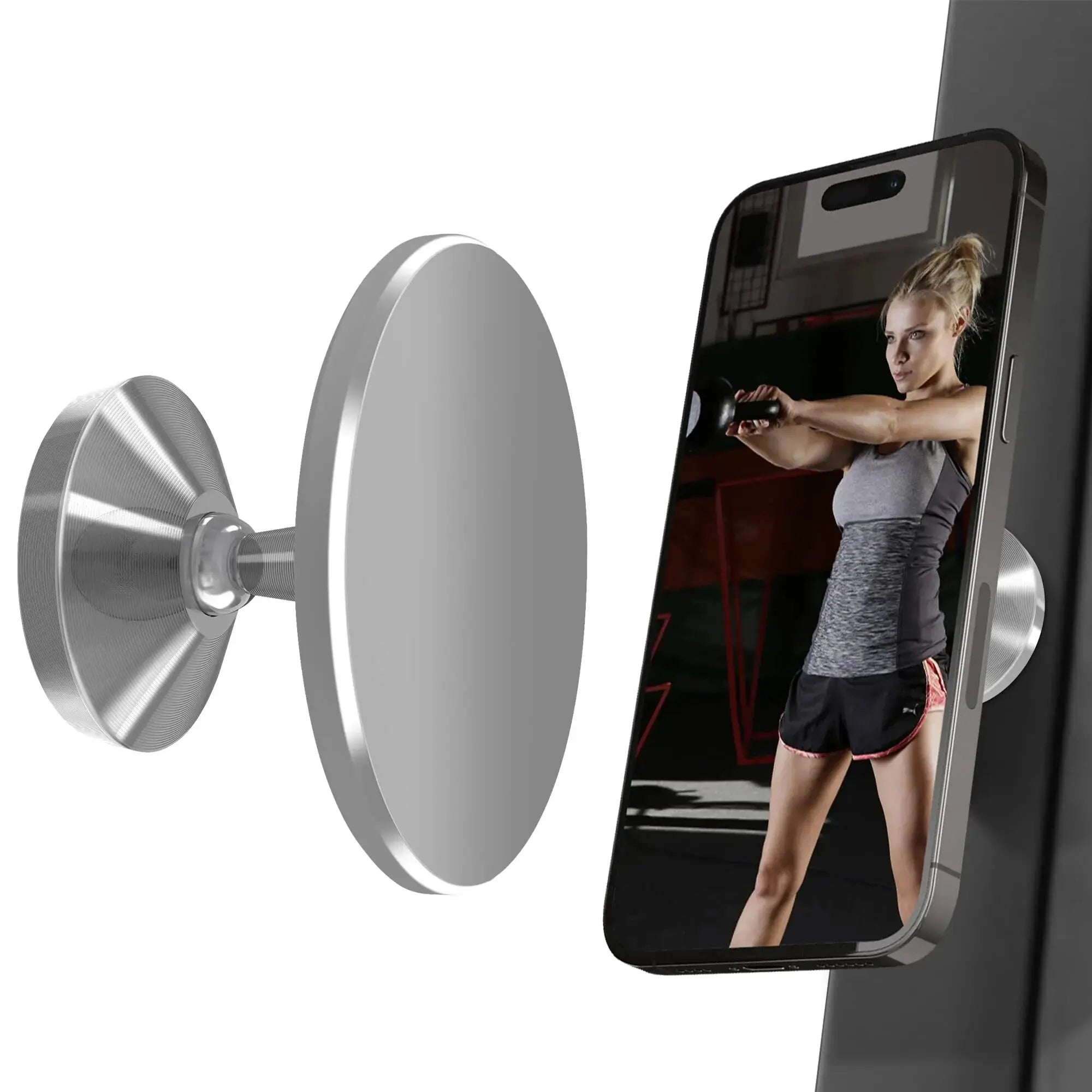 Gym Mate Magnetic Phone Mount &Double-sided Magnetic Suction Phone Holder for MagSafe. Shoot Hands-Free Videos While Working Out Qme Silver