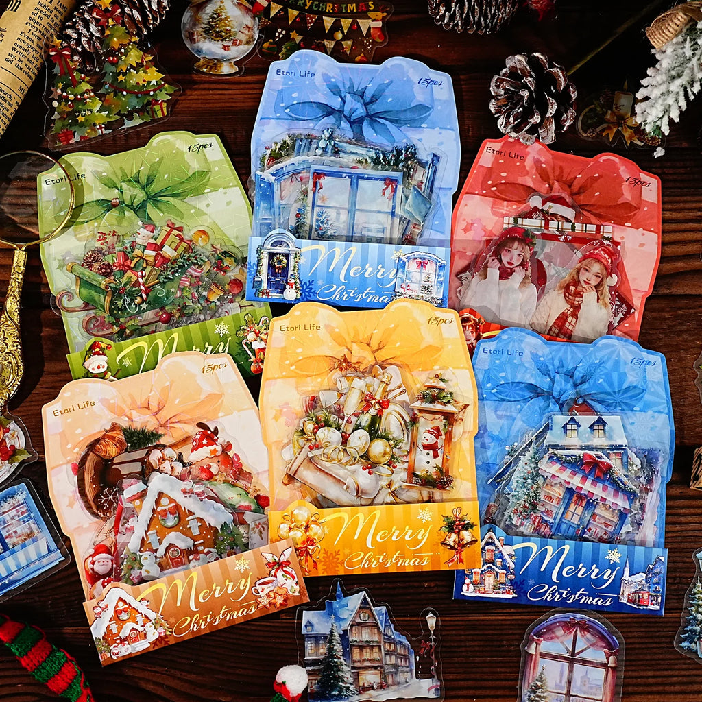 15 Sheets Christmas Theme PET Sticker Pack for Scrapbook DIY Photo Frame Collage Decor, Christmas Gift Decorative Stickers Qme