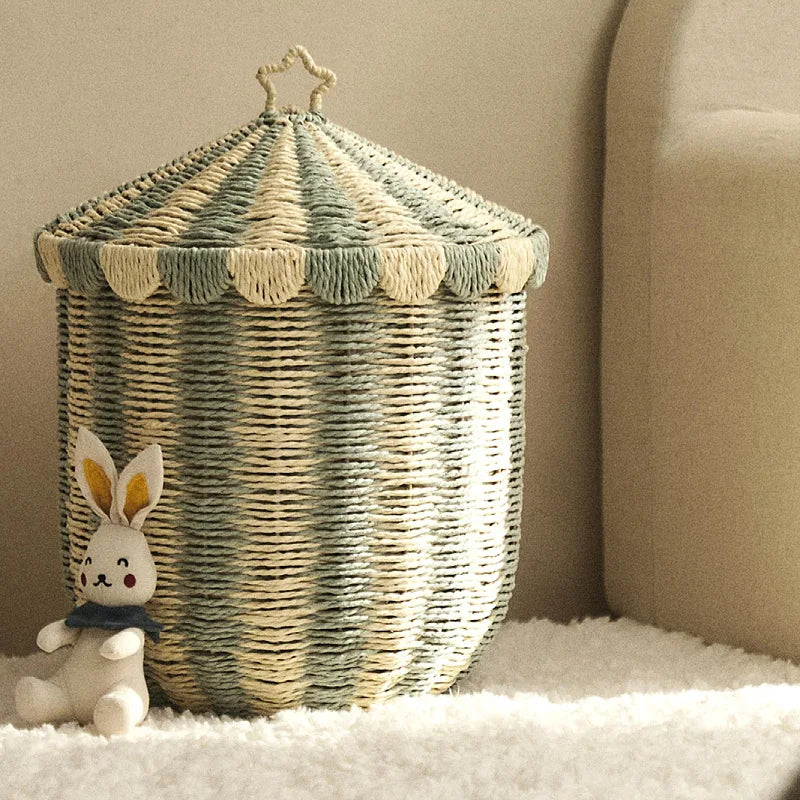 Vintage Woven Storage Basket Laundry Hamper with Lid Toys Sorting Box Household Organizer Multipurpose Décor for Room Home Qme Green S-1PC