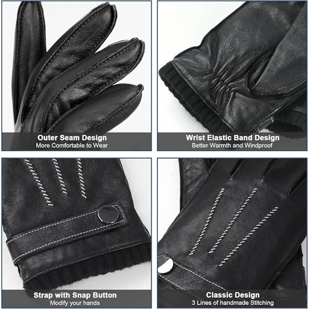 Men Winter PU Leather Gloves Touchscreen Warm Waterproof Gloves For Driving Cycling Qme