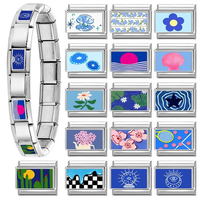 2025 Blue Lotus Leaf Sun Eye Cactus Italian Charm Link 9mm Sliver Modular Bracelet Stainless Steel DIY Gift Jewelry Wholesale Qme