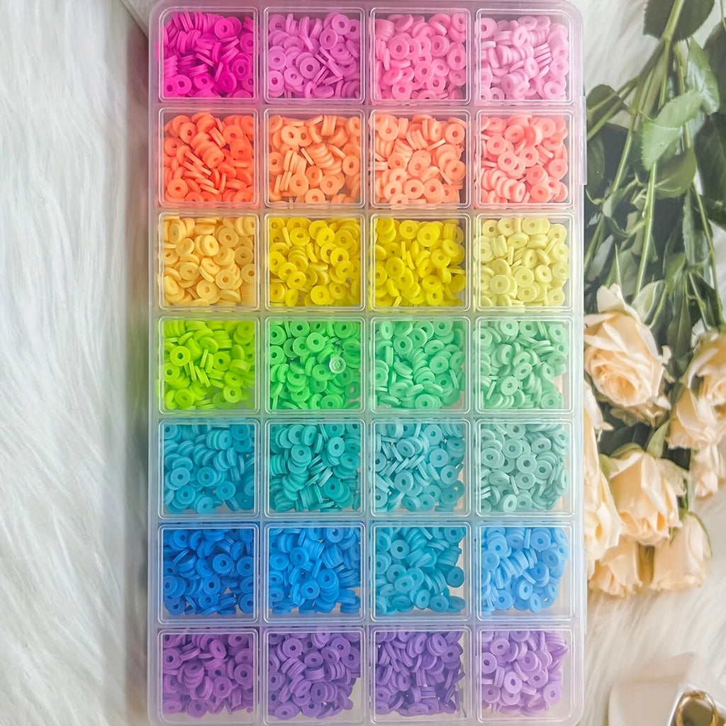 A boxed set of grid beads for making bracelets, DIY rainbow-colored soft clay loose beads, for handmade jewelry making Qme