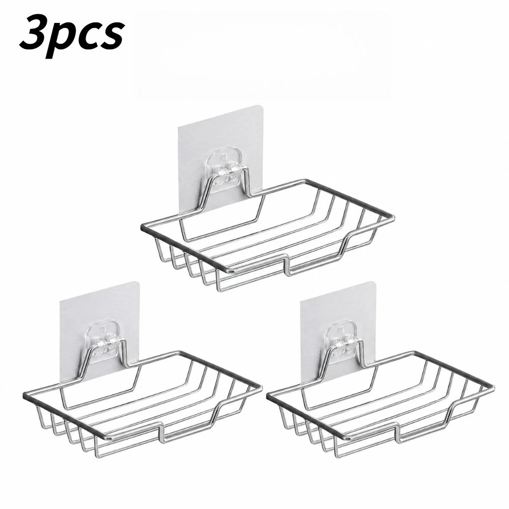 Wall Mounted Self Adhesive Soap Dish 1/3/5Pcs Stainless Steel Soap Holder Bathroom Shower Drain Storage Organizer Rack Qme silvery 3pcs