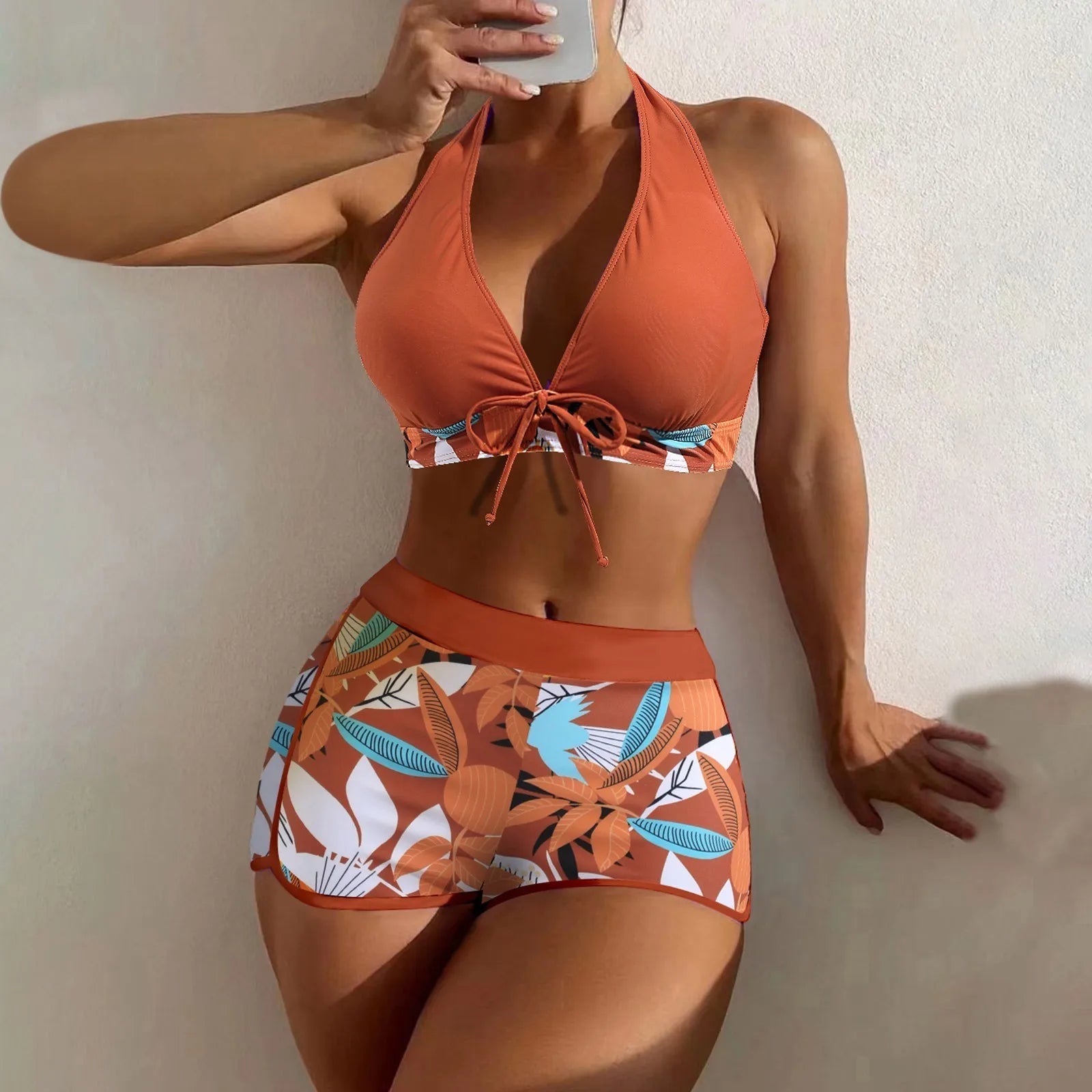 Women's Paneled Printed Swimsuit Ladies Fashion Sexy Split Boxer High Waist Swimsuit Two-Piece Set V-Neck Bathing Suits Female Qme Ginger XL