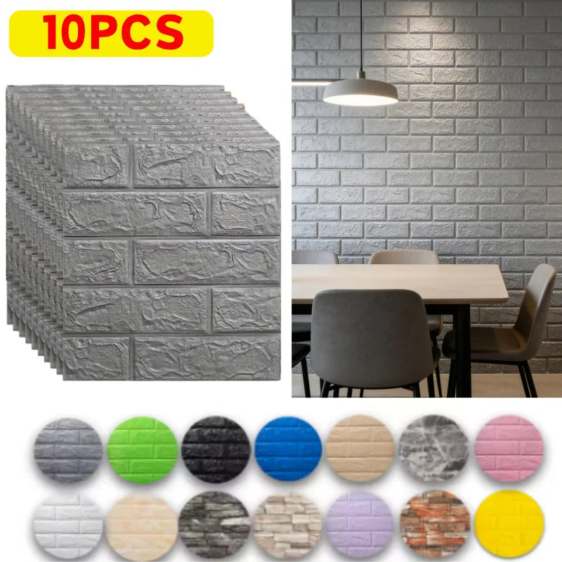 Waterproof Self Adhesive 3D Grey Brick Wallpaper 10Pcs 38.5cmx35cm Stain Resistant Wall Sticker Kitchen Indoor Home Wall Decor Qme