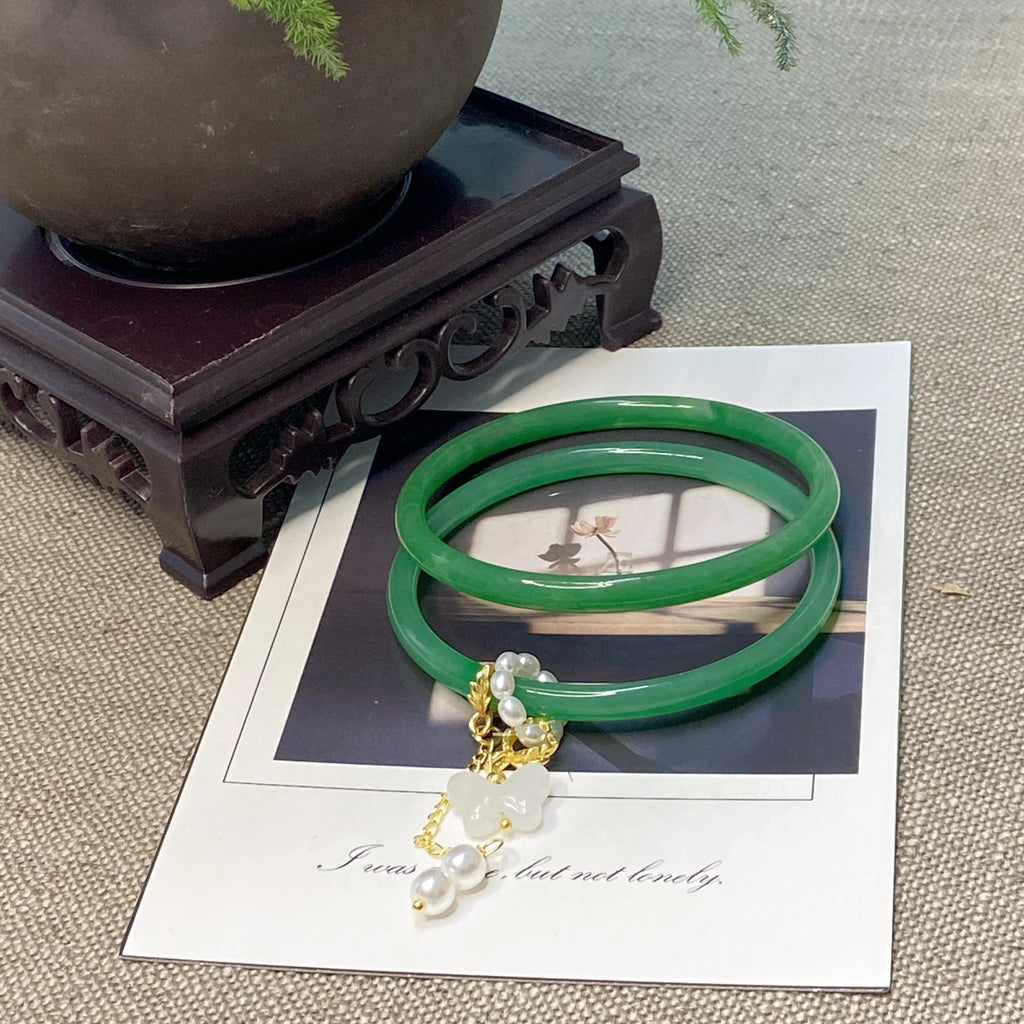 2Pcs/Set Imitate Natural Jade Jingle Butterfly Jelly Bangles Retro Simple Girl Antique Glass Bracelet Women's Jewelry Gifts Qme