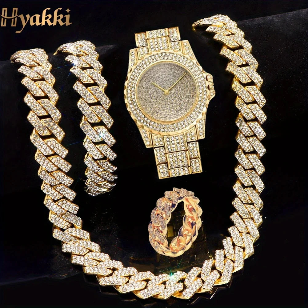4Pcs Men's Gold Iced Out Jewelry Set, Full Diamond Dial Quartz Watch + Cuban Link Chain + Bracelet + Ring, Hip Hop Bling Style Qme 2