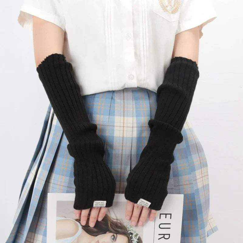 Women Y2K Fashion Fingerless Mittens White Black Cosplay Anime Gloves Qme black