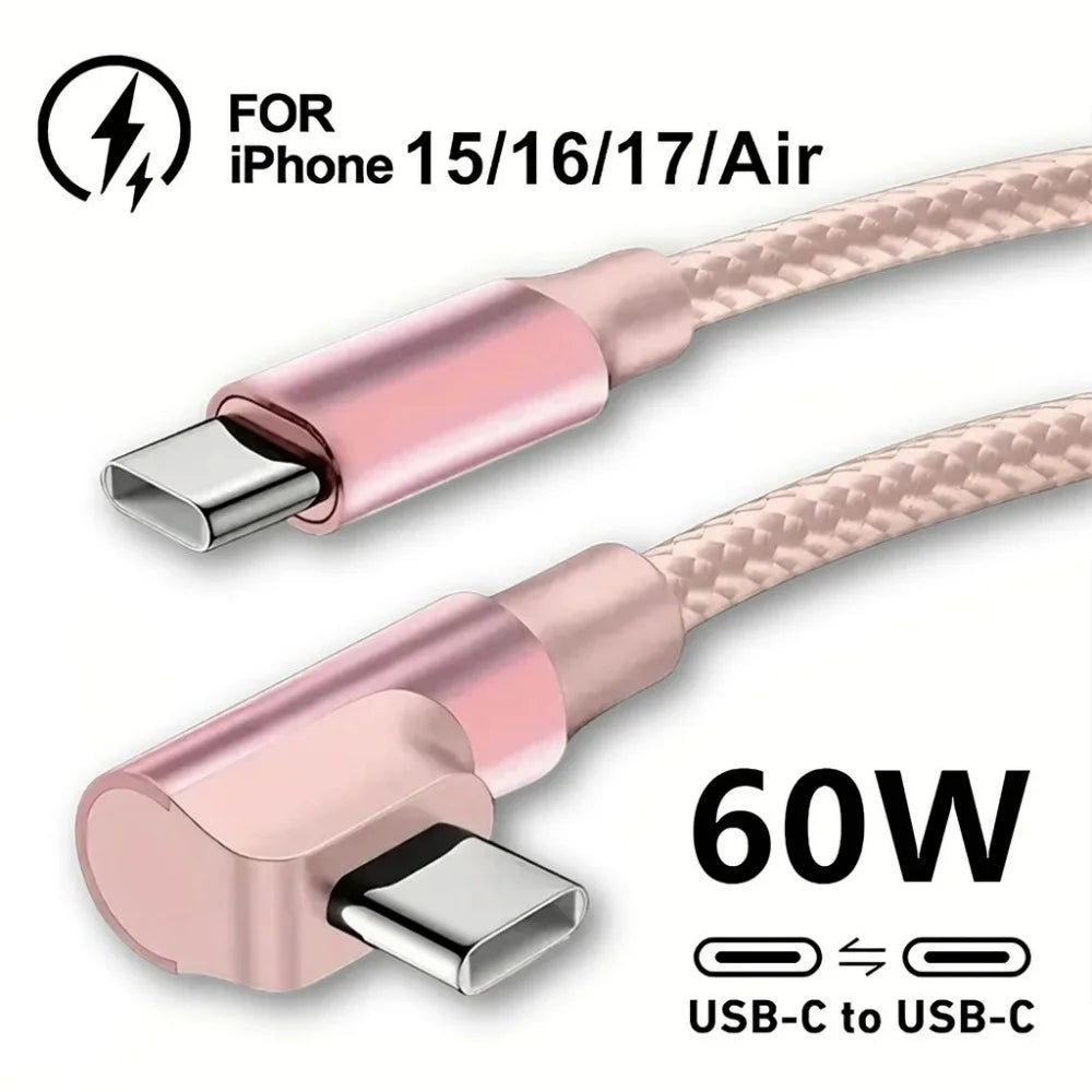 60W 90 Degree Elbow USB C Type C Fast Charging Cable for iPhone 17 16 15 Pro Max Samsung S25 S24 Xiaomi Redmi POCO OnePlus Oppo Qme