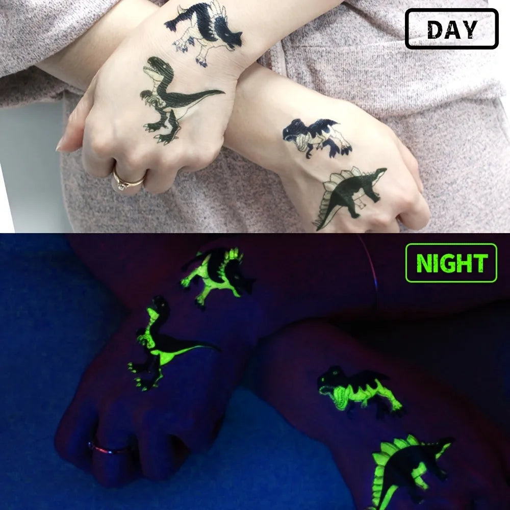 24 Sheets Luminous Dinosaur Temporary Tattoos, Waterproof Glow In The Dark T-Rex Pterosaur Velociraptor Triceratops Stegosaur De Qme