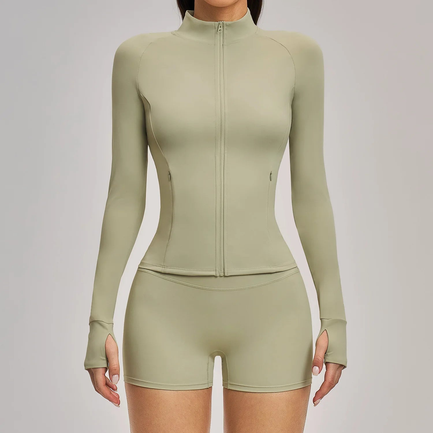 A Summer Ultra-Soft Fabrics Tight Sports Jackets Women Zipper Gym Yoga Clothes Female Quick-Dry Long Sleeve Sportswear Qme mossy green M
