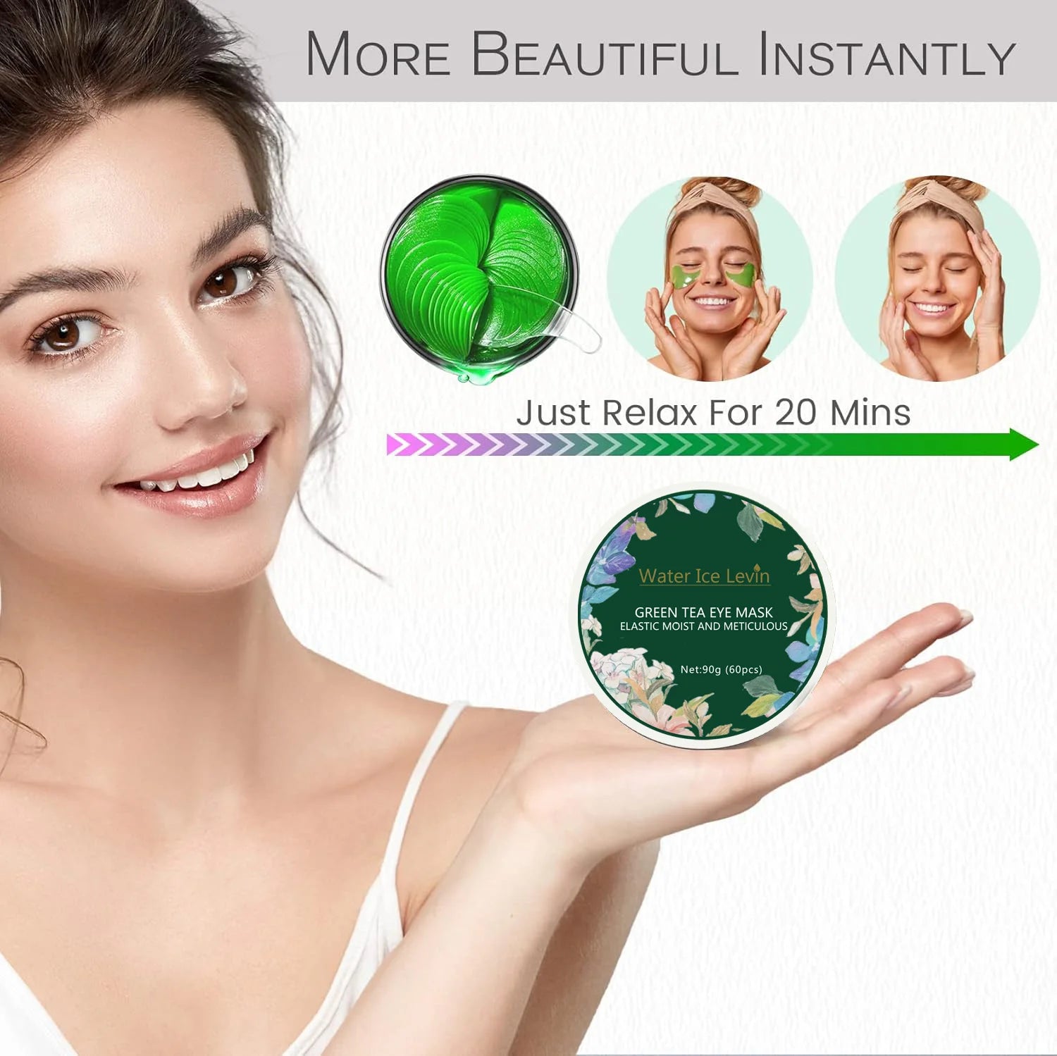 Collagen Eye Mask with Green Tea Extract, Suitable for Dark Circles and Puffiness, Moisturizing and Anti-Wrinkle, 60 Pieces Qme