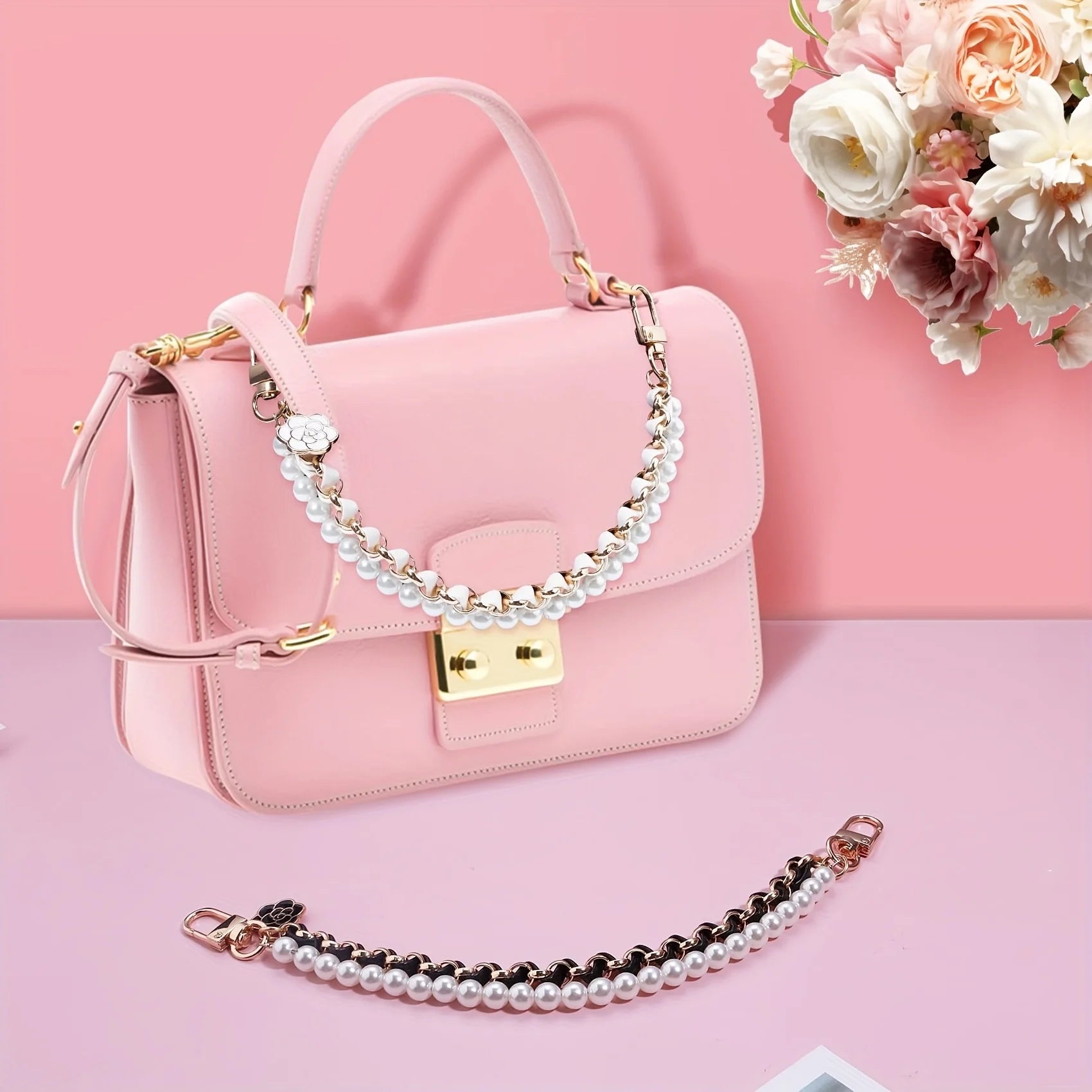 Pearl Purse Extender Chain Bag Imitation Pearl Short Handle Replacement Bag Chain Strap for Handbags Decoration Qme