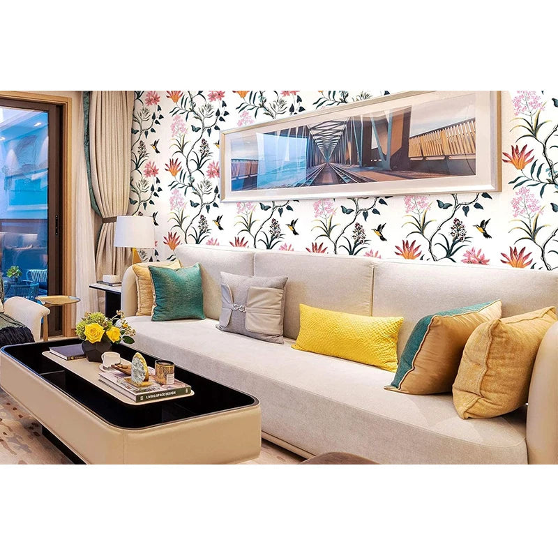 Self Adhesive Floral Bird Wallpaper Modern Pink Flower Living Room Qme
