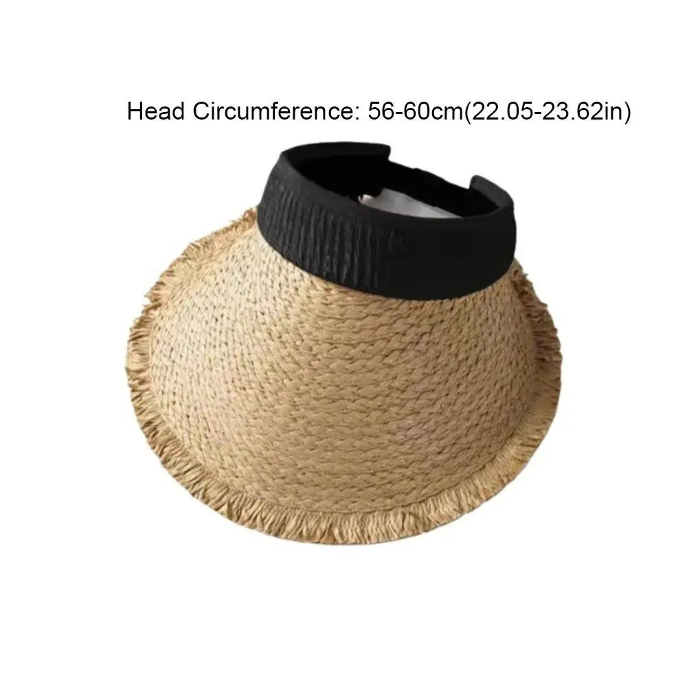 Fashion Woven Straw Visor Cap Sunscreen Hollow Empty Hat Big Head Qme