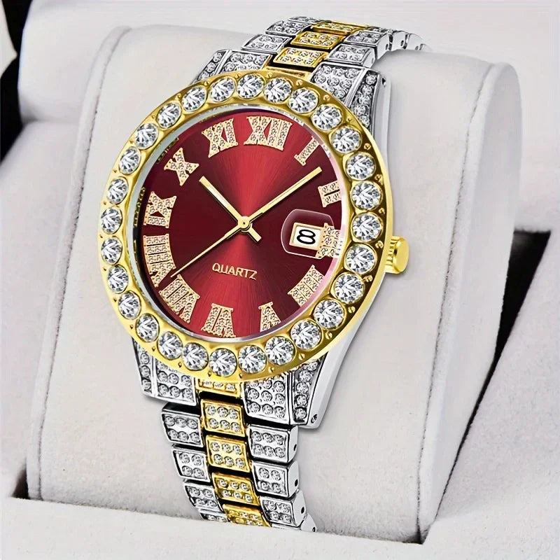 A08095-2 Full Faux Diamond Iced Out Steel Strap Large Dial Quartz Watch Hip Hop Watch Qme