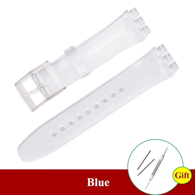 16mm 17mm 19mm 20mm Soft Silicone Bracelet Colorful Watchband for Swatch Watch Strap Replacement Watches Accessories with Tool Qme Transparent 19mm