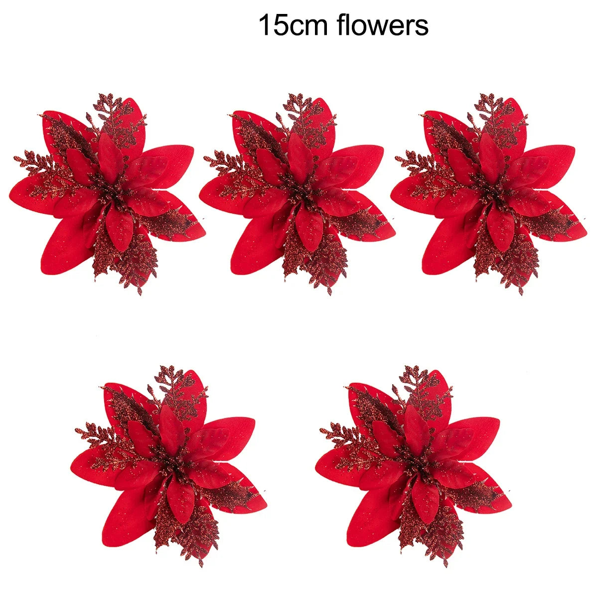 5-20pcs Sparkling Red Golden Silver Poinsettia Artificial Flowers Christmas Tree Ornaments for Xmas New Year party Decoration Qme RED 5pcs