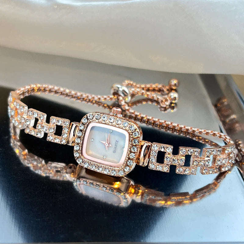 Cross-border new small square bracelet pull women's watch free adjustment square chain diamond set small ladies quartz watch Qme rose gold white