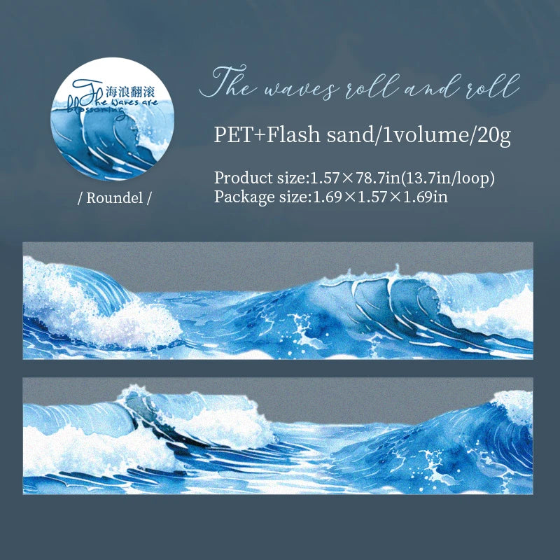 40mm*2m Ocean Wave Theme PET Tape INS Masking Adhesive Creative Decor Scrapbook supplies DIY Planner office stationery Stickers Qme B