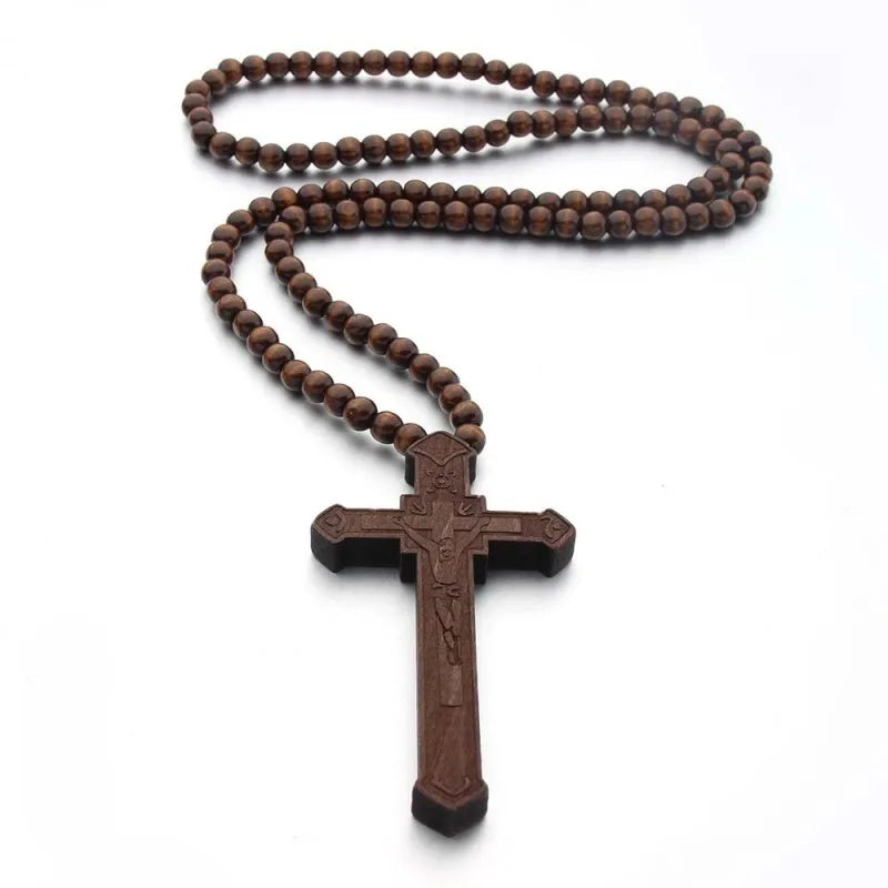 Wooden Rosary Pendant Cosplay Religious Antique Cool Cross Necklace Beads Catholic God Bless Jewelry Trend Fashion Festival Gift Qme
