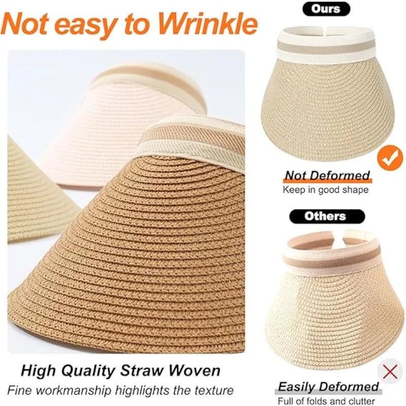Womens Straw Sun Hat Wide Brim UV Protection Summer Beach Visor Qme