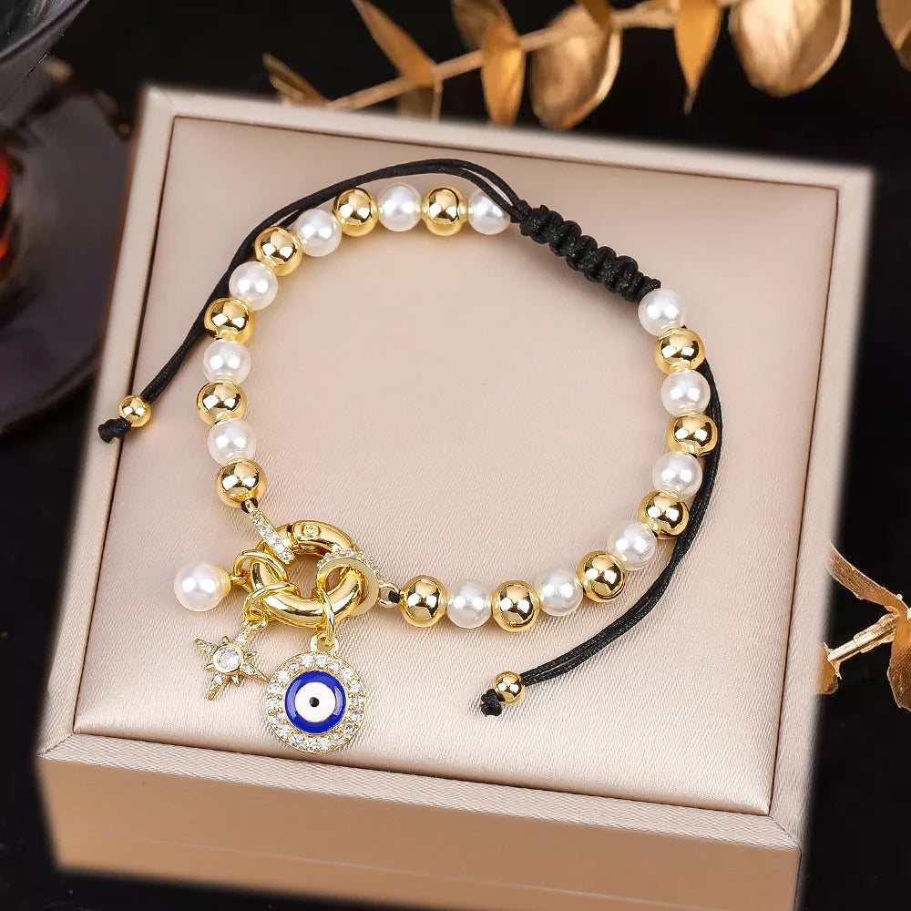 Black Rope Braided Pearl Evil Eye Copper Bead Chain Bracelet Personalized For Man Woman Birthday Holiday Jewelry Prayer Gift Qme G