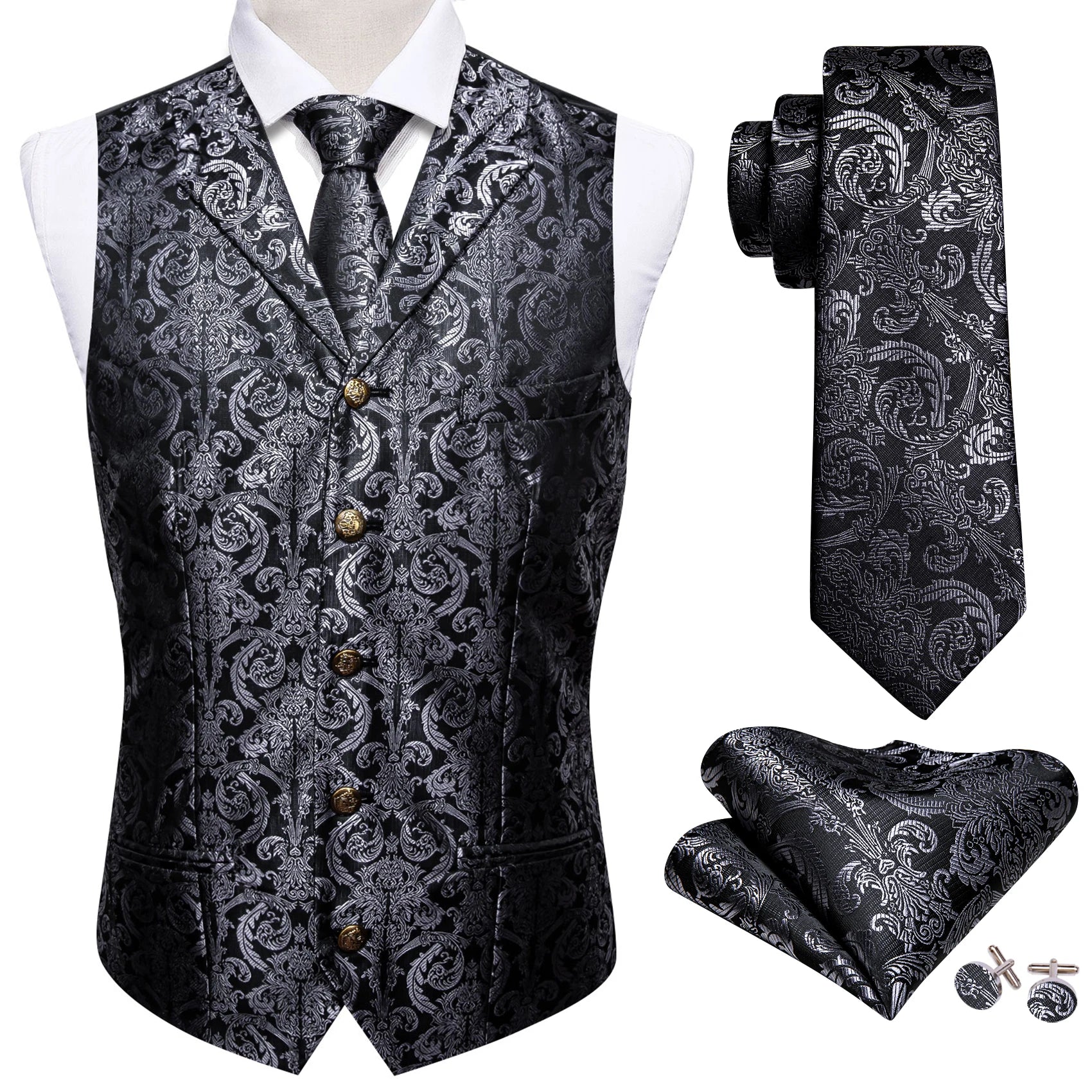Men's Jacquard Waistcoat Half Notch Lapel Vest Necktie Pocket Square Cufflinks Set Formal Wedding Party Prom Business Suit Vests Qme