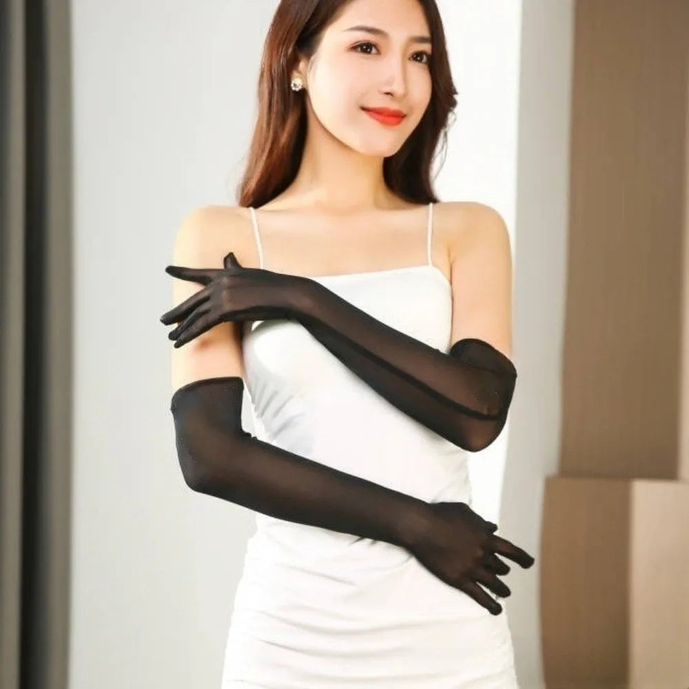 Fashion Ultra-thin Transparent Gloves Elbow Sheer Tulle Sunscreen Mittens Sun Protection Gauze Mesh Full Finger Gloves Outdoor Qme Black