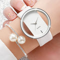 Silver Frame Simple Ladies Watch Set White Leather Strap Matching Double Pearl Crystal Open Bracelet Women Office Jewelry Qme Bronze