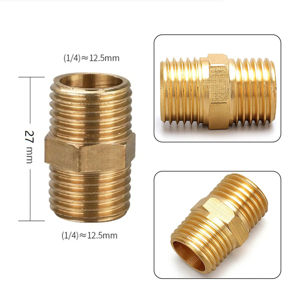 10pcs Brass Pipe Hex Nipple Fitting Quick Coupler Adapter Connector 1/4in For BSP Male To Male Thread Water Oil Air Connector Qme