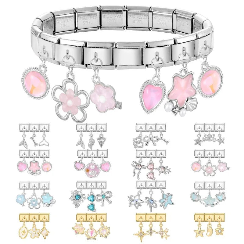 Wholesale 3Pcs Shiny Zircon Stars Bow Knot Italian Charm Links Fit 9mm Stainless Steel Bracelet Women Jewelry DIY Making Gifts Qme