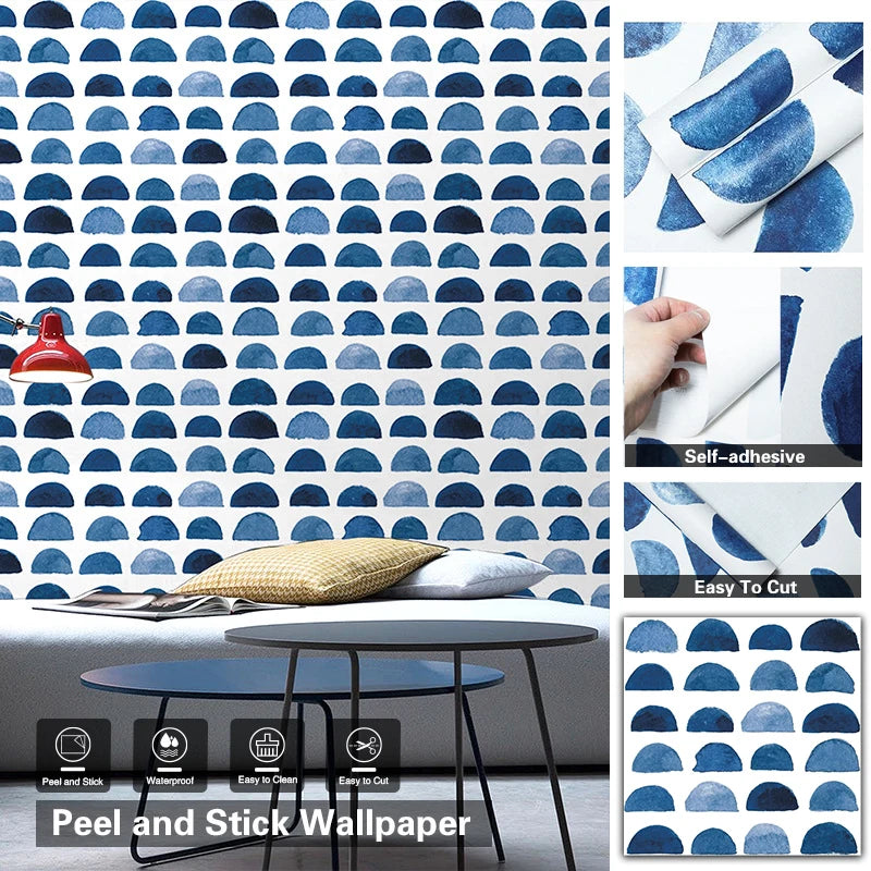 KALYNN Peel Stick Wallpaper Blue White Watercolor Scallop Pattern Qme lby 45CMx5M