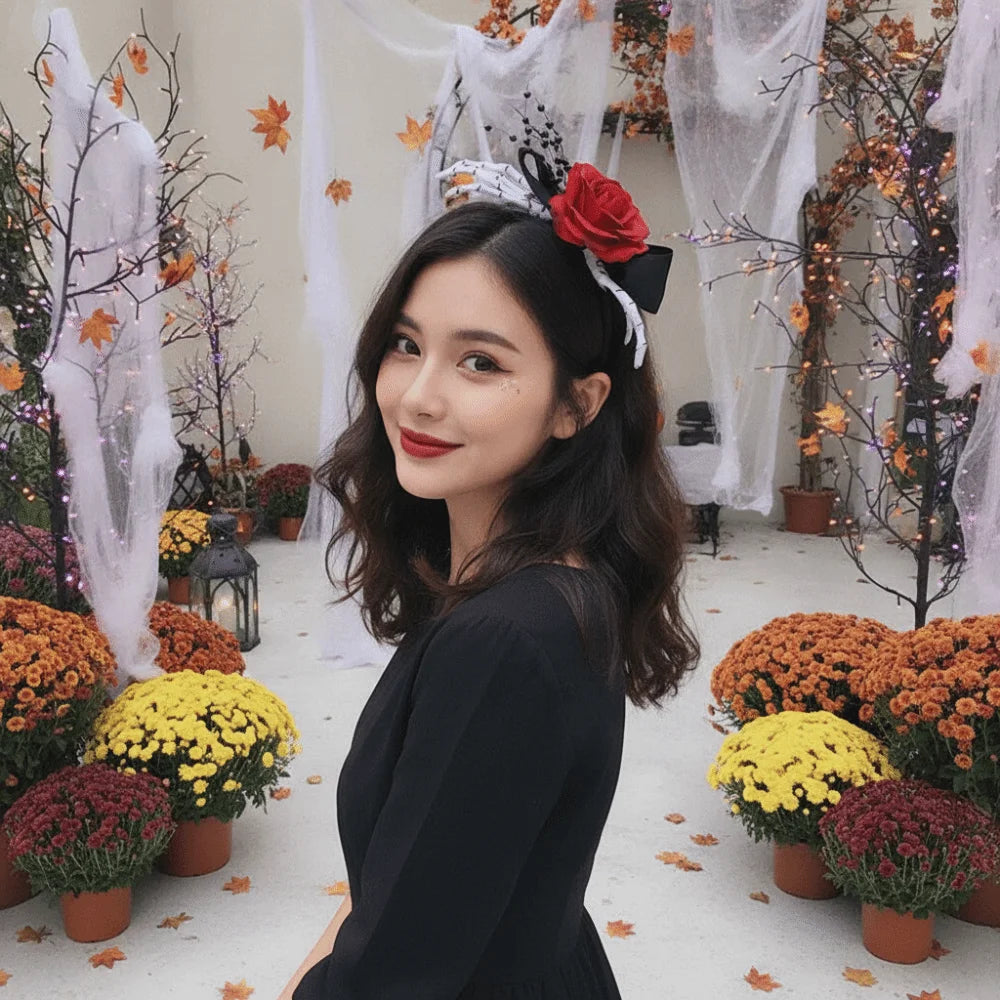 Red Rose Skeleton Hand Headband Black Bowknot Skeleton Bones Rose Flower Hairband Comfortable Fit Durable Plastic Qme
