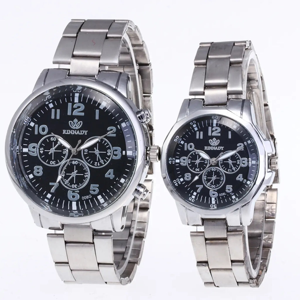 2pcs Classic Simple Quartz Watches Stainless Steel Watch Couple Watch Qme silver black