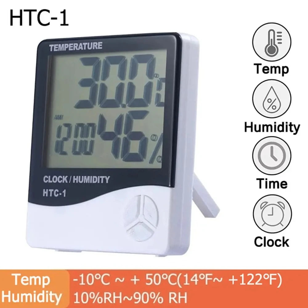 LCD Digital Temperature Humidity Meter HTC-2/HTC-1 Home Indoor Outdoor Hygrometer Thermometer Weather Station with Clock Qme
