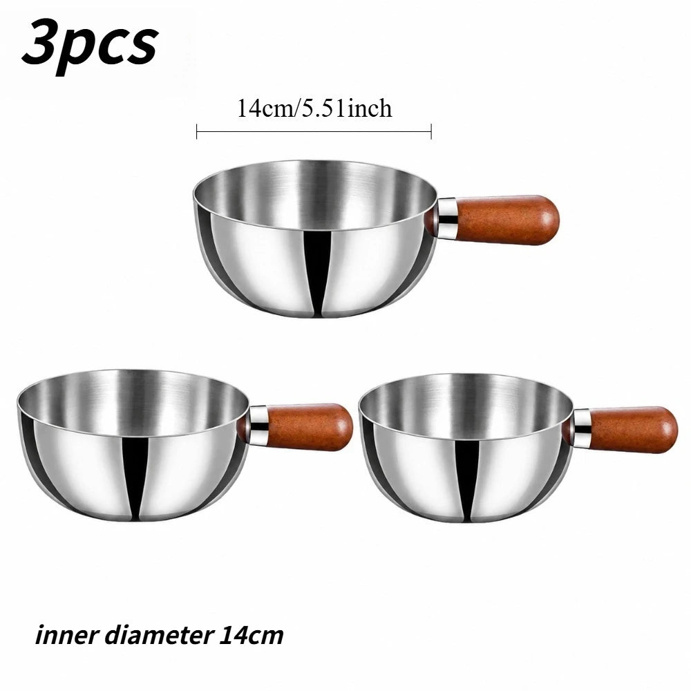 1/3 Optional Kitchen Cookware Stainless Steel Milk Pot Wooden Handle Non Slip Base Even Heat Performance For Induction Cooking Qme pot 14cm 3pcs