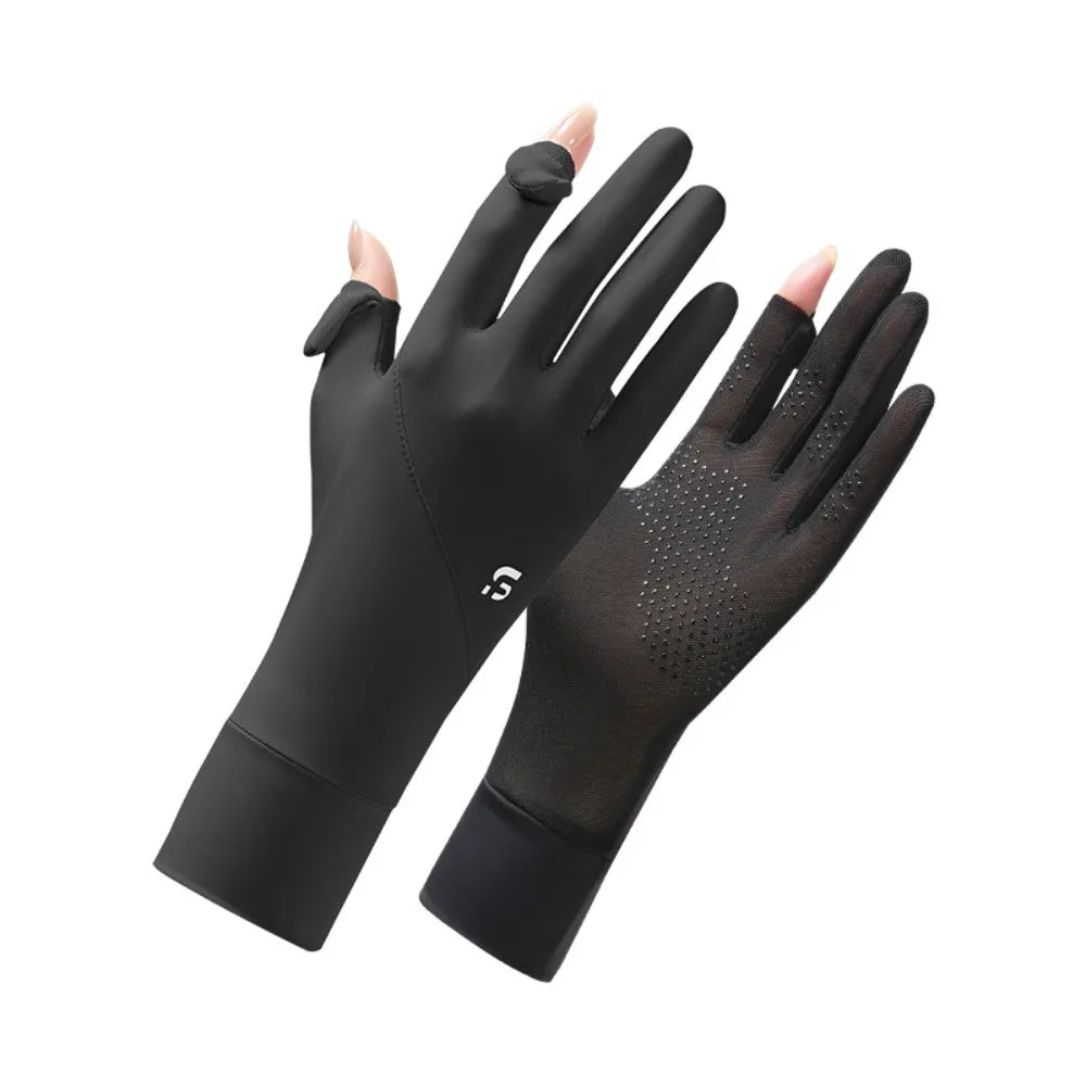 Ice Silk Women Sunscreen Gloves Thin Elastic Touch Screen Ice Silk Gloves Exposed Finger Breathable Cycling Driving Gloves Qme Black