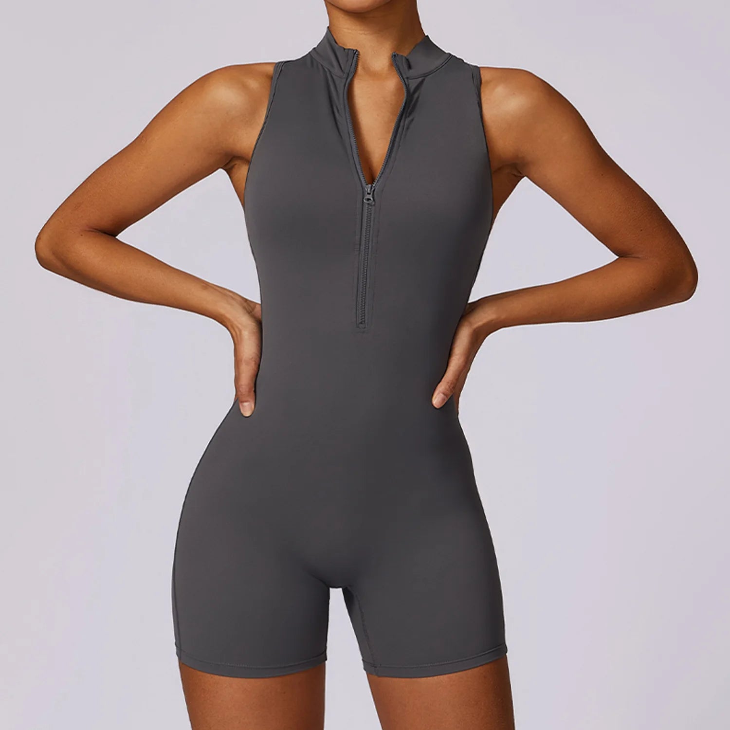 B Half Zipper Women Bodysuits Gym Push Up Workout Clothes Backless Scrunch Fitness Sports Yoga Bodysuit Sleeveles Fit Jumpsuit Qme Free Grey XL