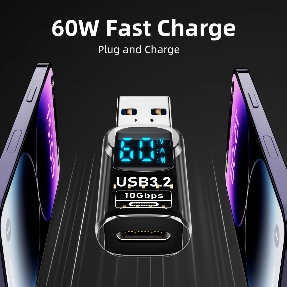 10Gbps USB 3.2 Digital LED Display Adapter USB Male to Type C Converter Fast Charge Data Transmission Adapter For Laptop iPhone Qme
