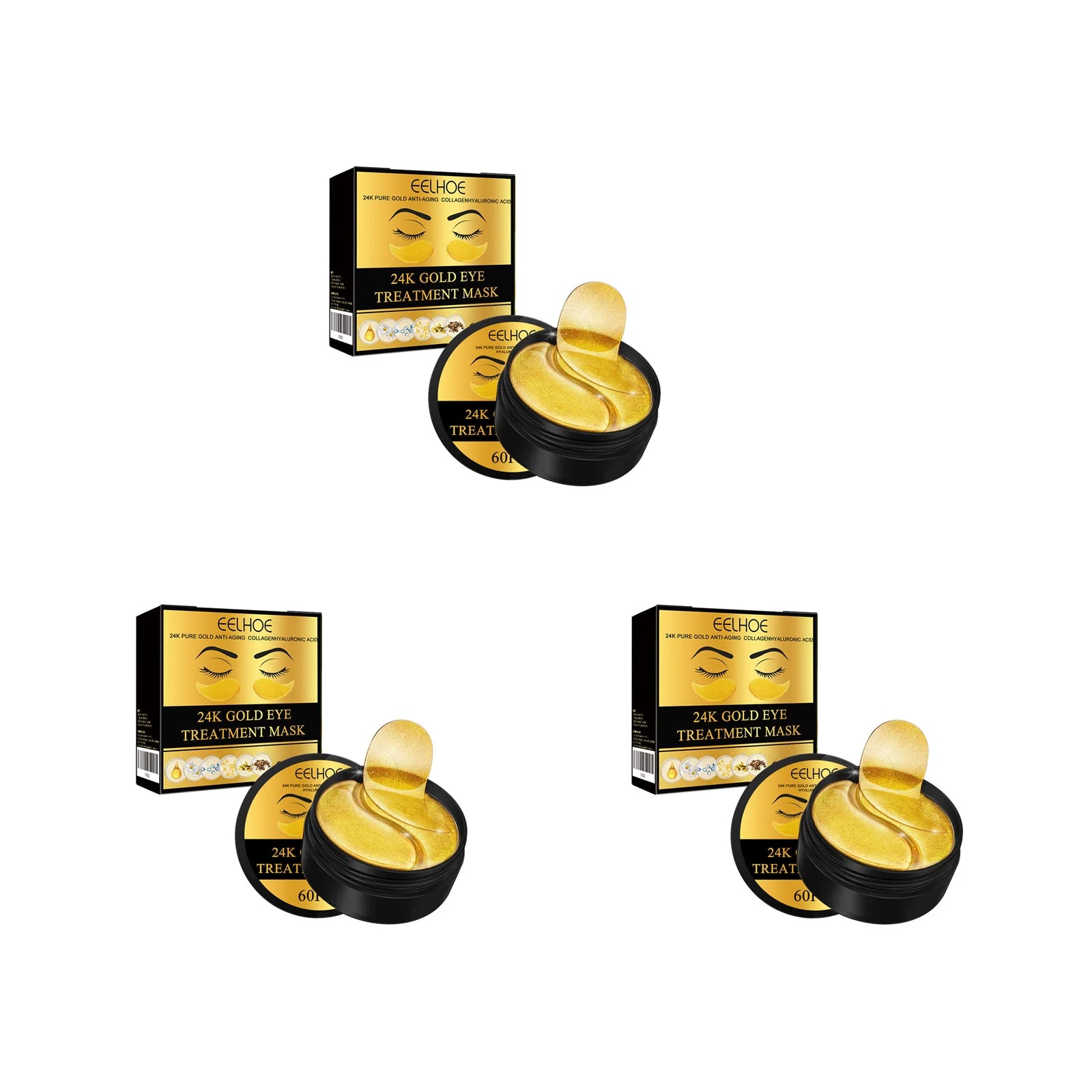 24K Gold Eye Treatment Mask Remove Dark Eye Circles Firming Fade Fine Lines Anti-Aging Hyaluronic Acid Collagen Under Eye Mask Qme 3 x 60Pcs Boxed