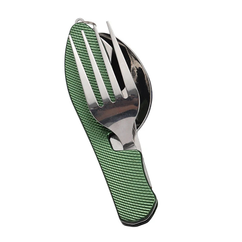 1 Tableware Foldable Stainless Steel Fork Spoon Knife Bottle Opener Qme Green