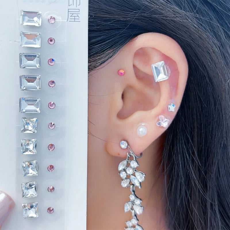 Fashion Bowknot Colorful Rhinestone Pearls Ear Point Stickers Qme