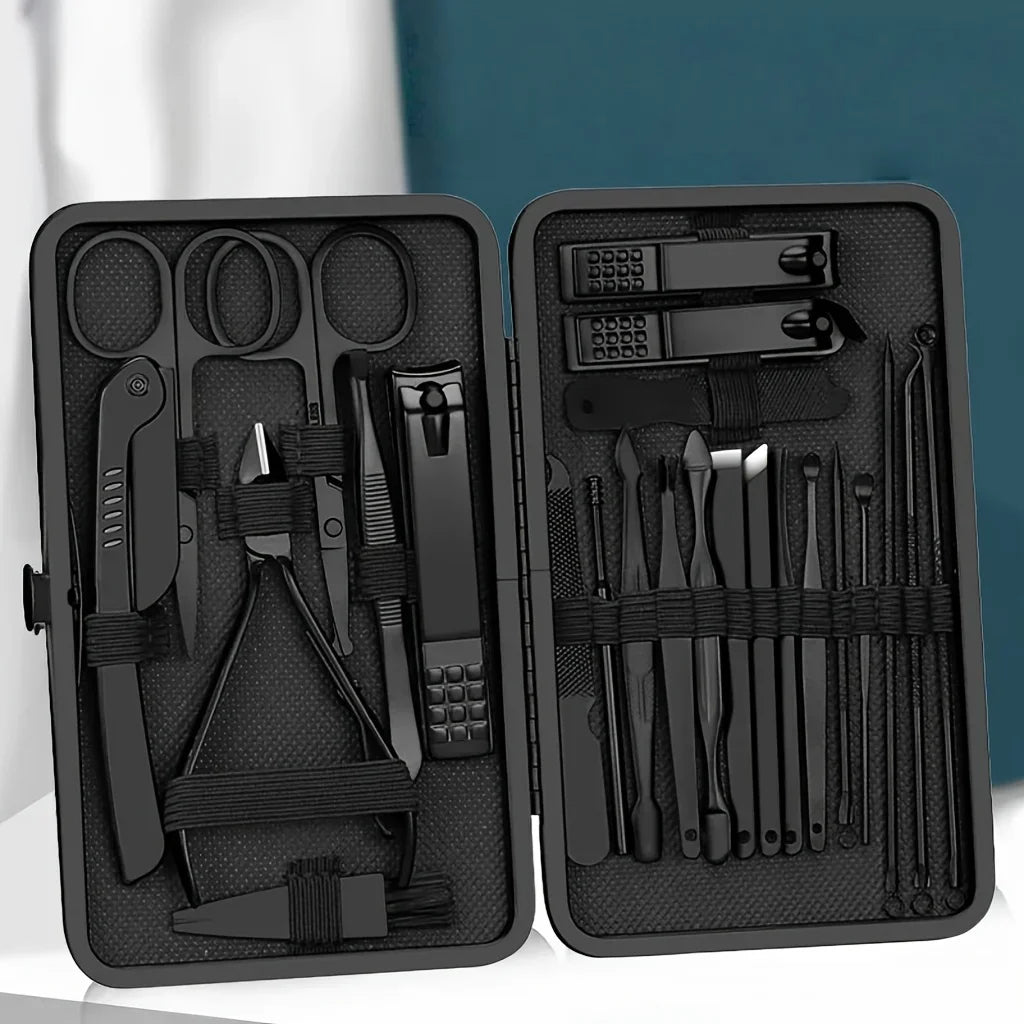 A Set of Stainless Steel Grooming Tools in Black, Including Nail Clippers, a Cuticle Pusher, Perfect for Portable Nail Care Qme